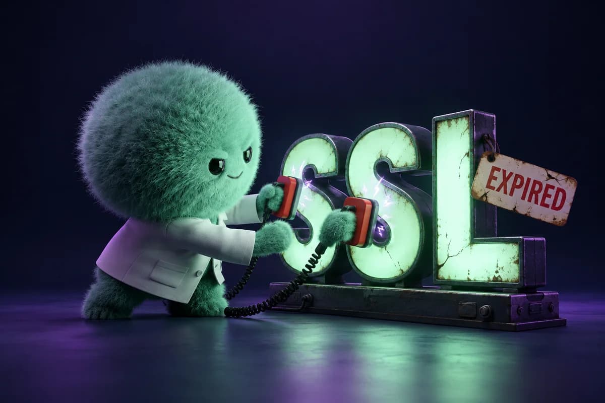 LabPuff’s fuzzy green scientist tries to revive an expired SSL sign with tiny defibrillator paddles.