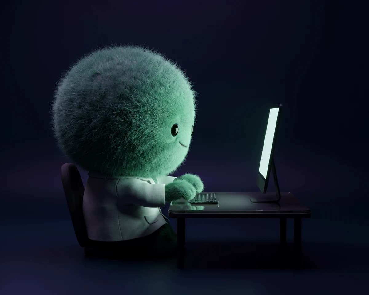 白衣を着たミント色の小さな研究員が、パソコンでサイトの設定を調べています
